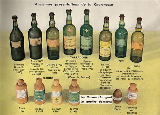 Ancienne Bouteille de Chartreuse : Bouteille moulée en relief, étiquette déposée en 1852.