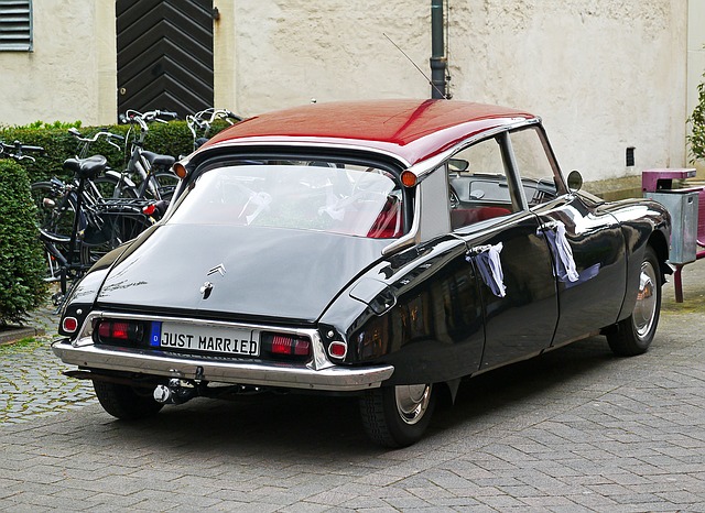 citroen, ds19, voiture de mariage, location voiture, déesse, pkw, vue arrière, just married, légende, hydropneumatique