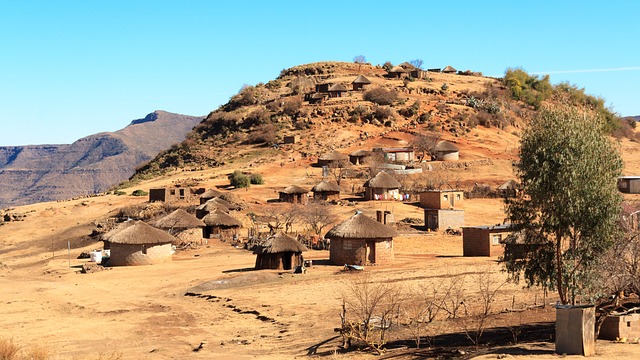 montagnes , cabines , village , afrique , lesotho ,